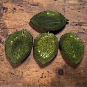 Pressed Glass‎ Leaves Set, Green Decorative Leaves, Gold Paint Trim, Set of 4